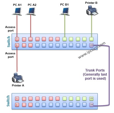 vlan(virtual local area network) port types, access port, trunk port