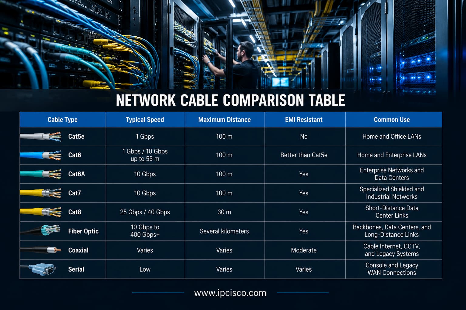 Network Cable Comparison Table comparing Cat5e, Cat6, Cat6A, Cat7, Cat8, fiber optic, coaxial, and serial cables by speed, maximum distance, EMI resistance, and common applications.