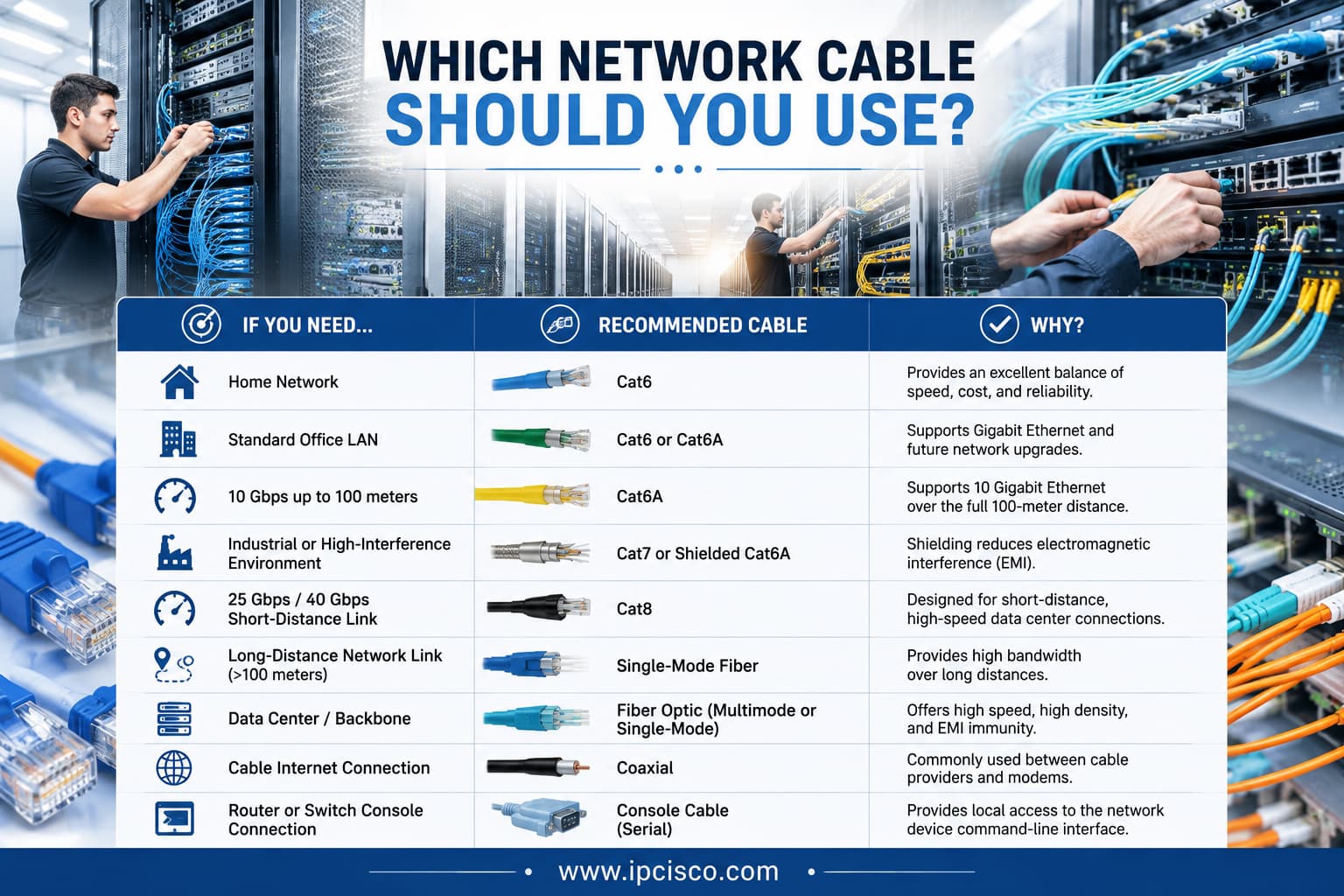 Network cable selection guide showing the best cable type for home networks, office LANs, data centers, long-distance links, industrial environments, and cable Internet connections.