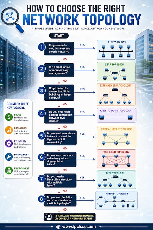 Network topology decision flowchart helping users choose the right topology based on network size, redundancy, scalability, and deployment requirements.
