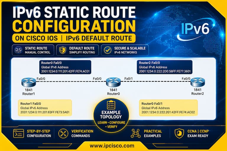 IPv6 Static Route Configuration on Cisco IOS with IPv6 default route example