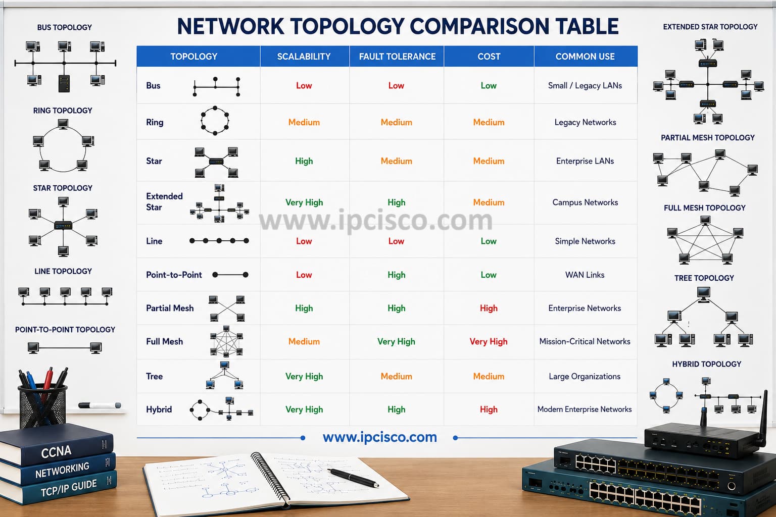 Network topology comparison table showing Bus, Ring, Star, Extended Star, Line, Point-to-Point, Partial Mesh, Full Mesh, Tree, and Hybrid topologies with scalability, fault tolerance, cost, and common networking applications.
