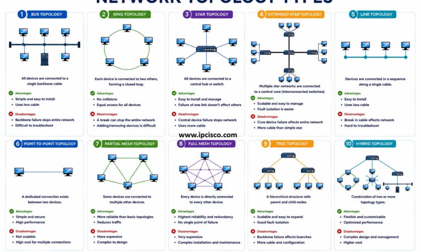 Network topology types diagram illustrating Bus, Ring, Star, Extended Star, Line, Point-to-Point, Partial Mesh, Full Mesh, Tree, and Hybrid network topologies.