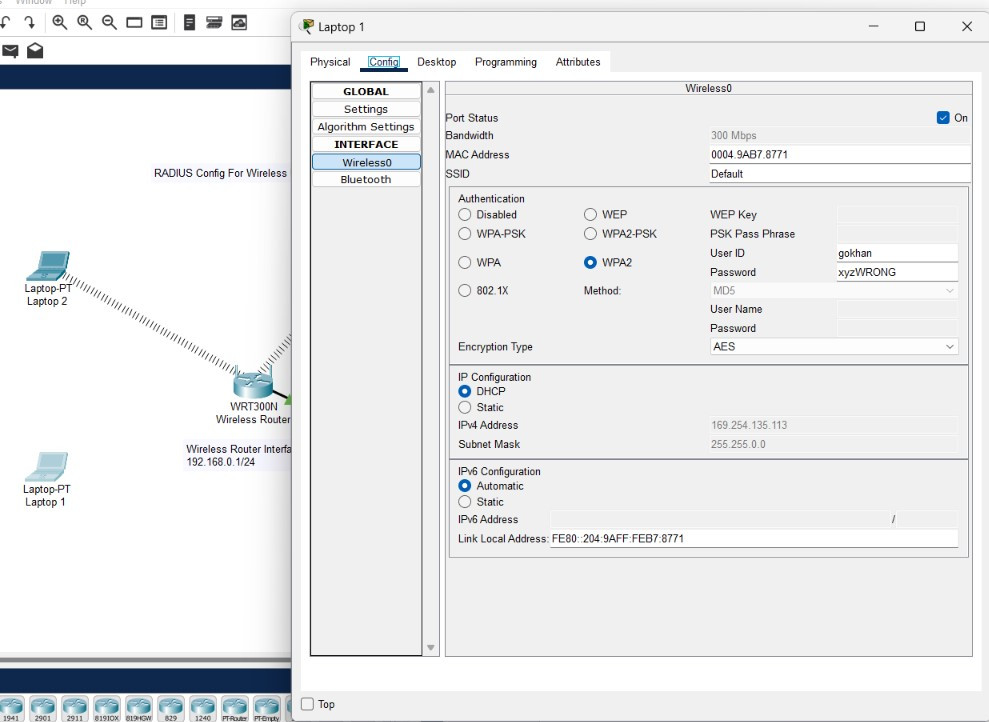 wireless network-radius user test Incorrect RADIUS Credentials