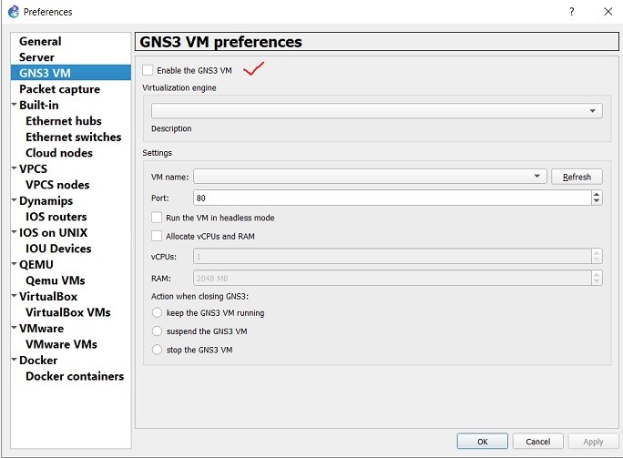 running gns3 vmware