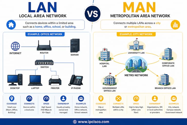 LAN vs MAN comparison showing Local Area Network and Metropolitan Area Network differences