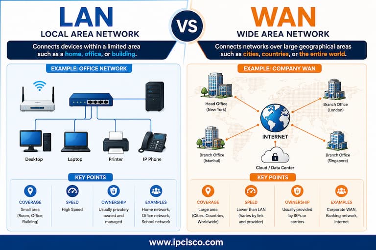 LAN vs WAN comparison showing Local Area Network and Wide Area Network differences
