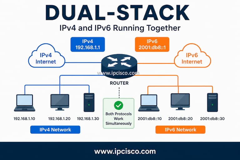 Dual-stack network showing IPv4 and IPv6 running together on the same network.