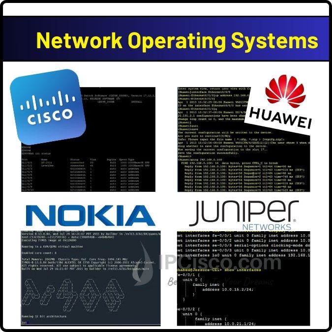 network operating system NOS Cisco IOS, Juniper JUNOS, Nookia SR OS, Huawei VRP