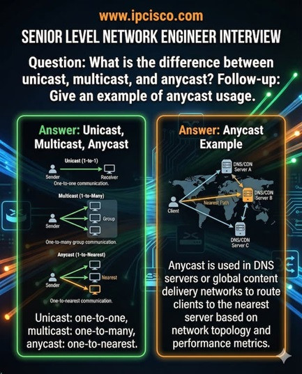 level 2 network engineer interview questions anycast, multicast, broadcast, unicast