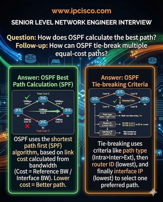 How OSPF alculate best path, senior level interview questions for network engineers
