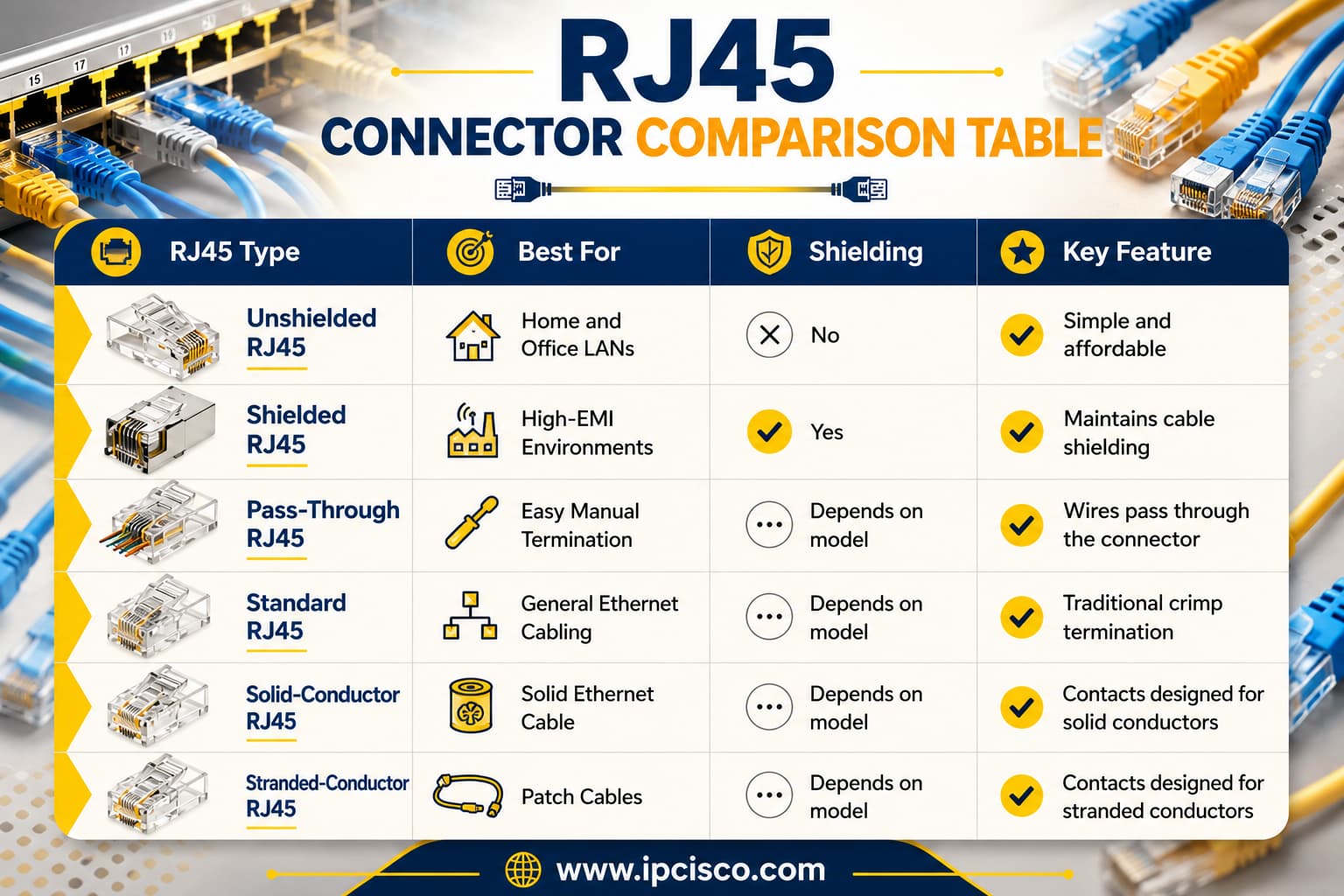 RJ45 connector comparison table comparing unshielded, shielded, pass-through, standard, solid-conductor and stranded-conductor RJ45 connectors.
