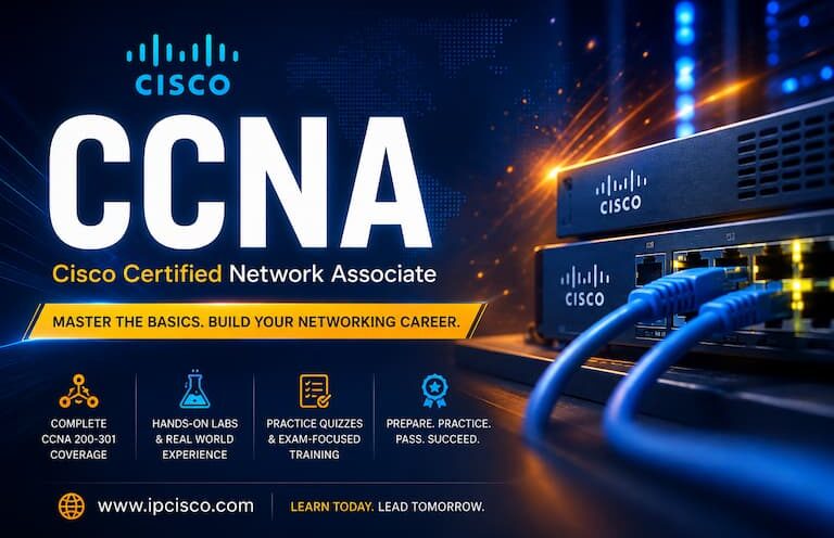 CCNA Certification Course banner with Cisco networking training and IPCisco branding.