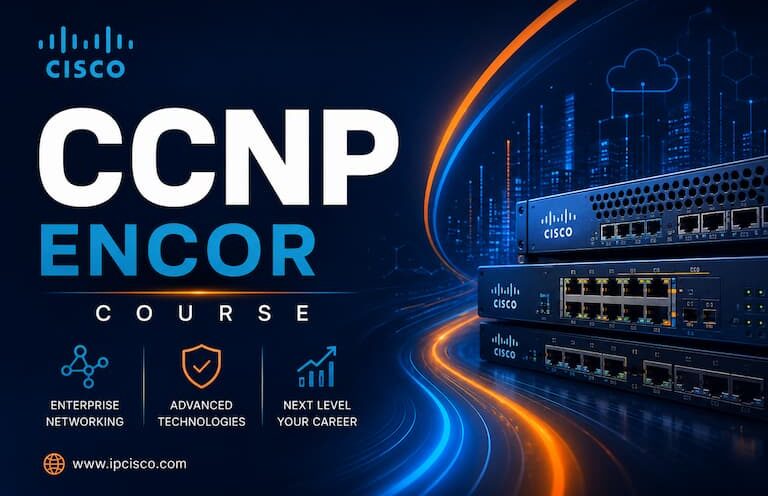 CCNP ENCOR Course banner with Cisco enterprise networking training by IPCisco.