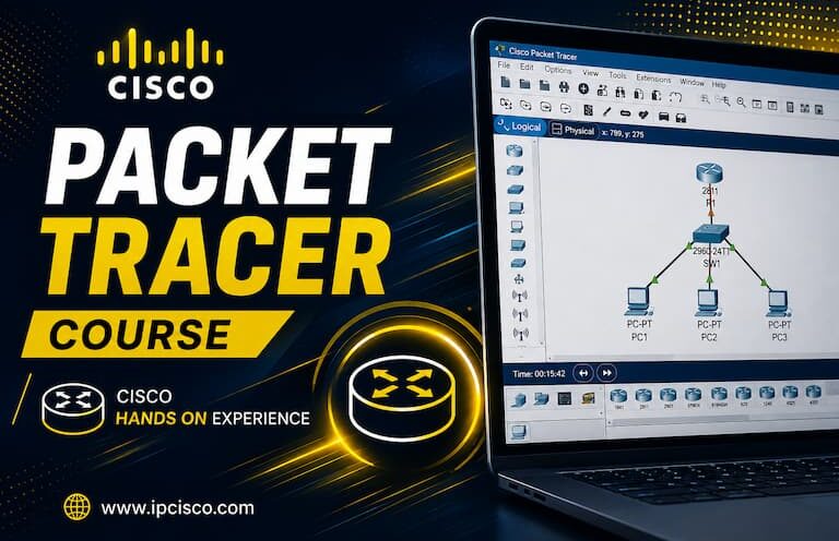 Cisco Packet Tracer Course banner with hands-on networking labs and Cisco Packet Tracer software