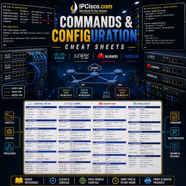 Network Configuration & Commands Cheat Sheets - Cisco, Juniper, Huawei and Nokia