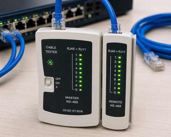 RJ45 Ethernet cable tester checking cable continuity and correct pin connections from pins 1 through 8.