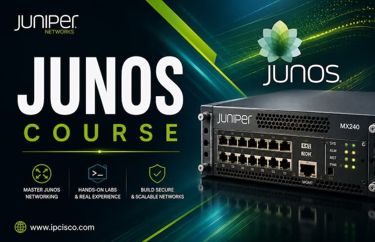 Juniper JUNOS Course banner featuring Juniper networking certification training by IPCisco