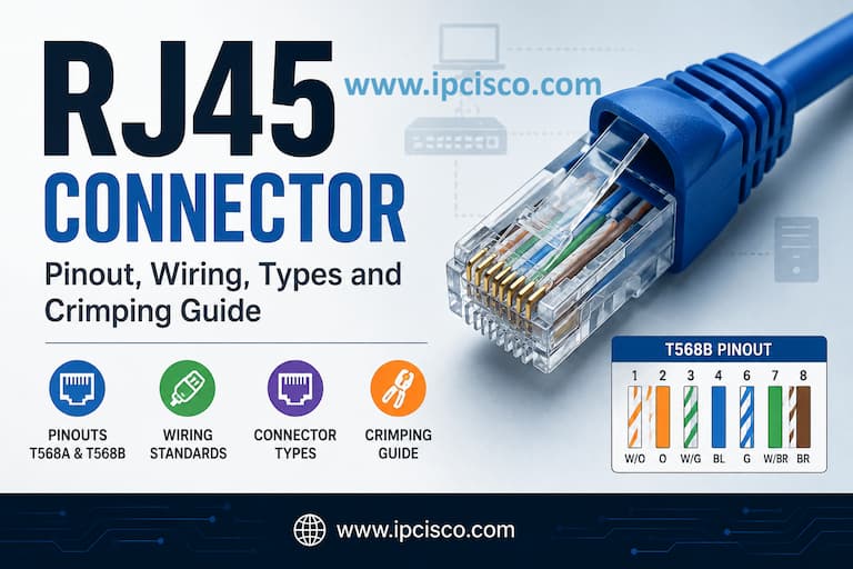 RJ45 Connector complete reference covering pinout, T568A and T568B wiring, connector types, Ethernet cabling and crimping.