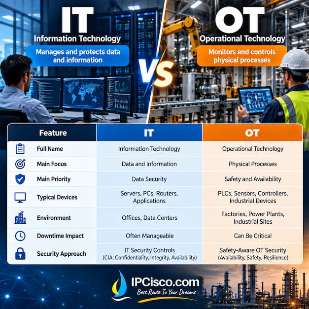 IT vs OT comparison chart showing key differences